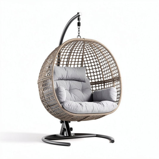 Chaise suspendue en rotin avec coussins gris pour intérieur et extérieur 85 x 75 x 120cm
