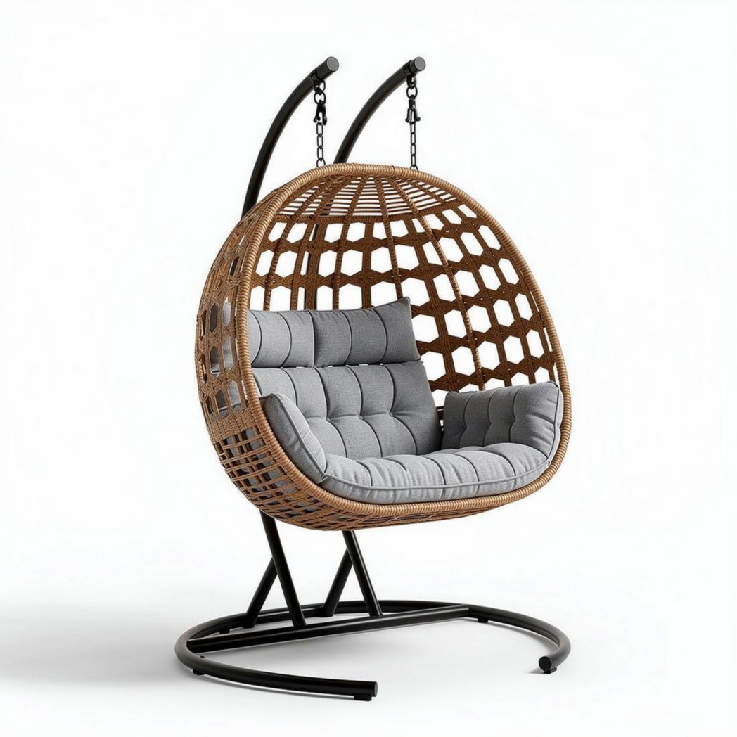 Chaise suspendue en rotin tressé avec coussin gris 90 x 80 x 120cm