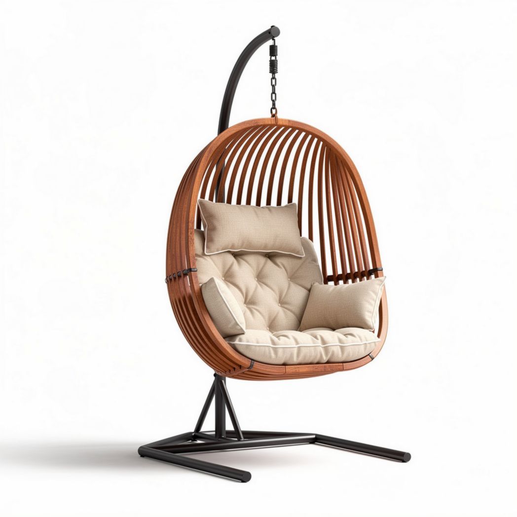 Fauteuil suspendu en rotin avec coussins beige pour intérieur et extérieur