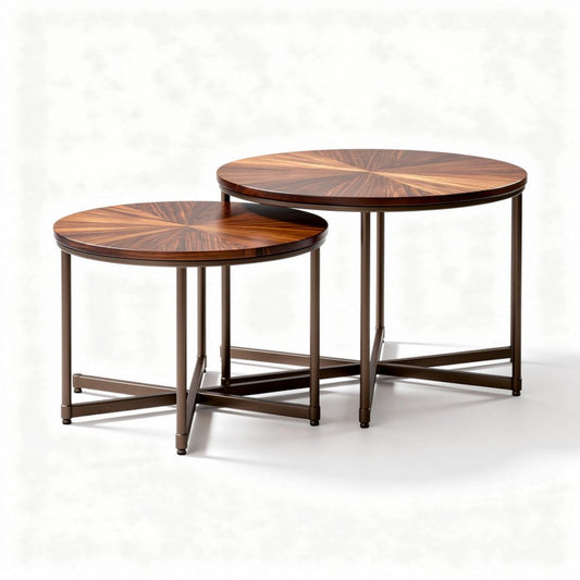 Table basse ronde en bois acajou avec structure en métal noir 80 x 80 x 40cm