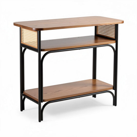 Table console en bois de chêne avec étagère en rotin 90 x 40 x 80cm